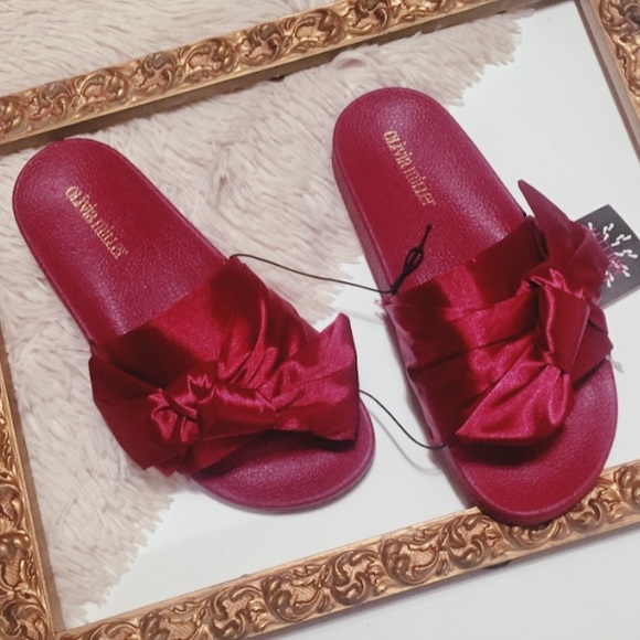 Olivia Miller Shoes - Olivia Miller Burgundy Satin Bow Slide Sandals